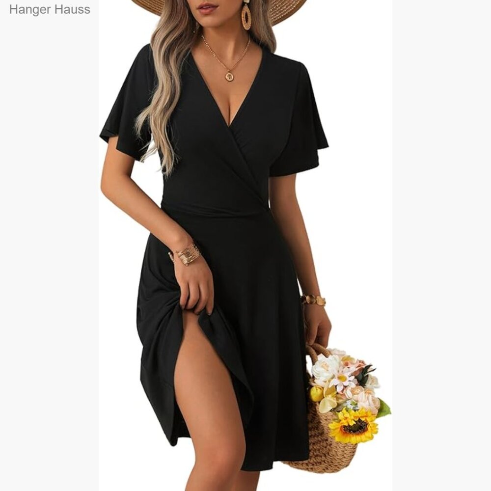 Summer Wrap Midi Dress Floral Print Short Sleeve A-Line V-Neck